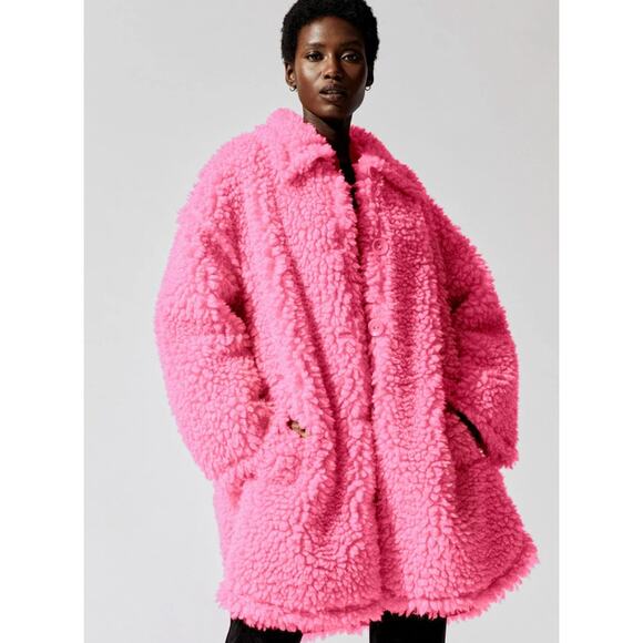 Stand Studio Gwen Faux Fur Shearling Coat Jacket Pink Xsmall Small Oversized NEW - Picture 4 of 6